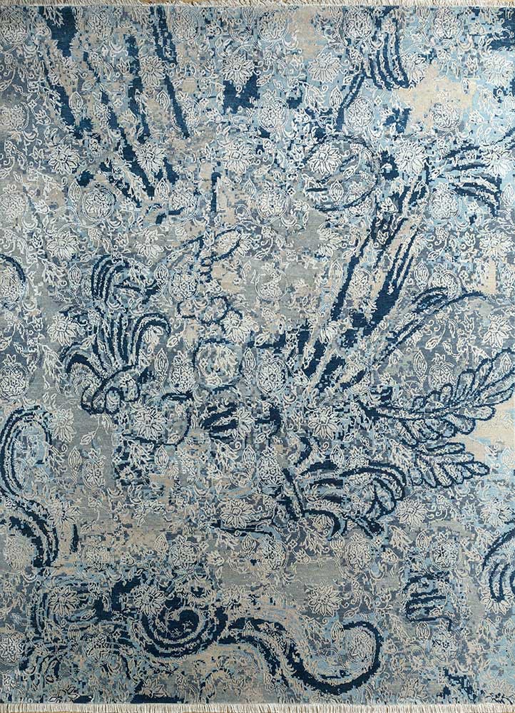 pansy blue wool and silk hand knotted Rug - HeadShot