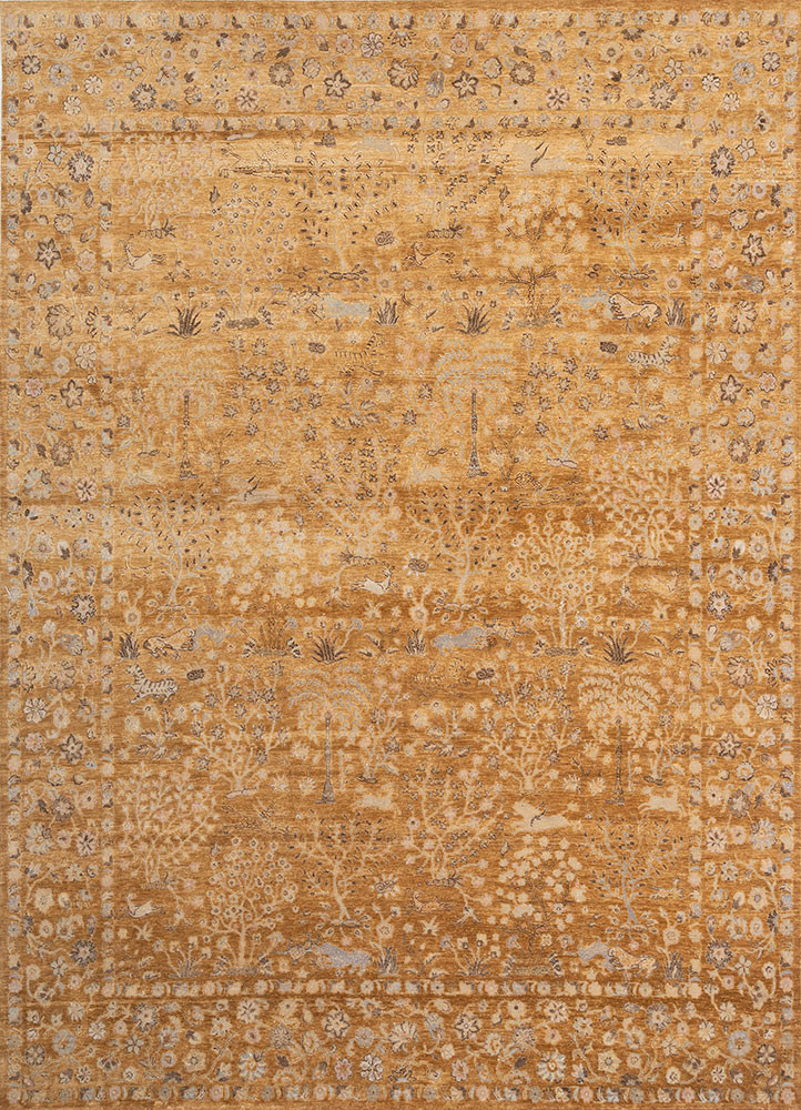gold gold wool and silk hand knotted Rug