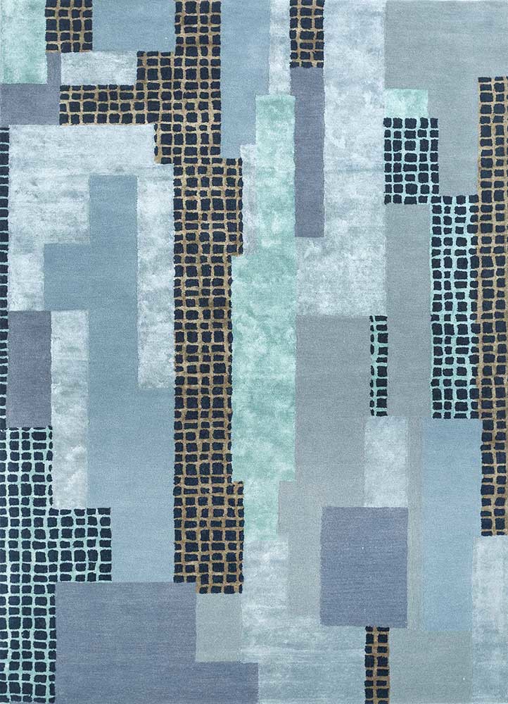 linear blue wool and viscose hand tufted Rug - HeadShot