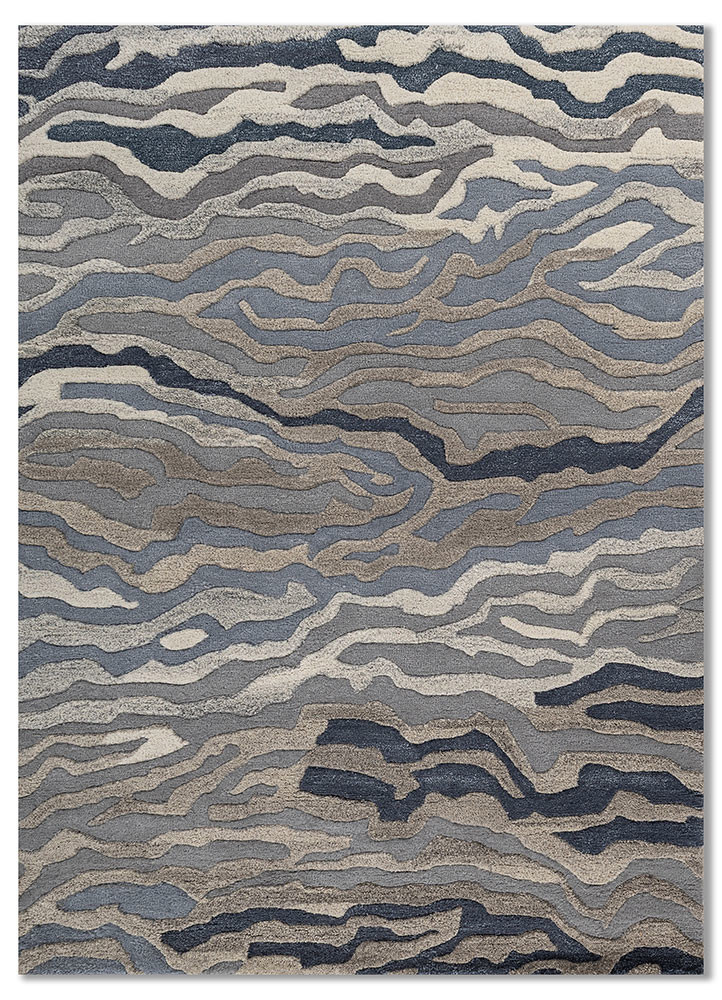 linear blue wool and viscose hand tufted Rug - HeadShot