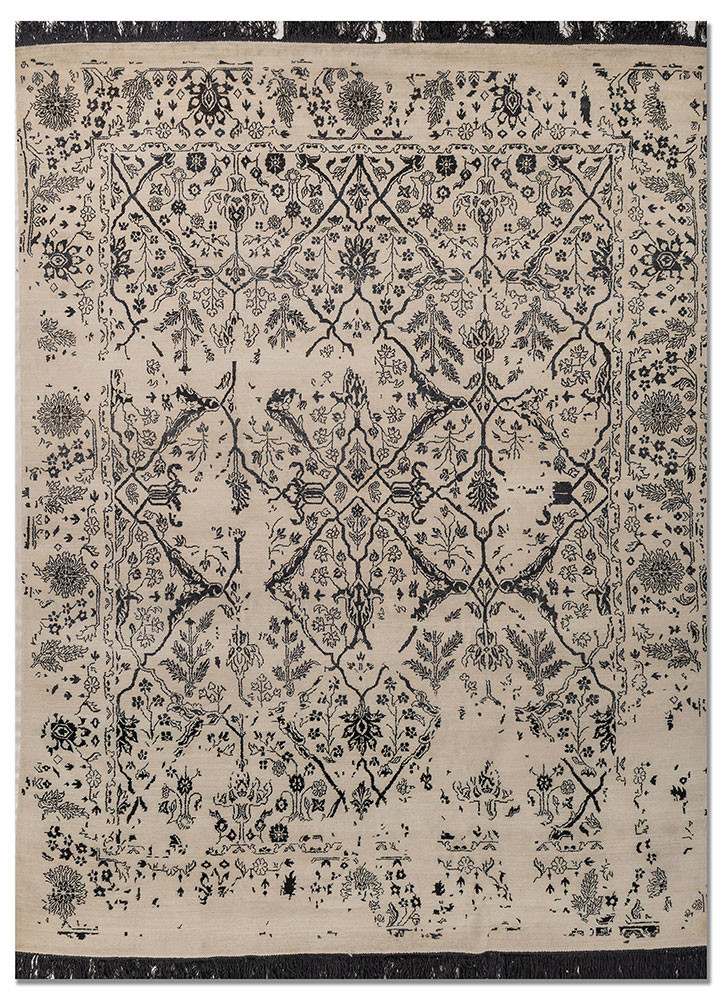 far east ivory wool and silk hand knotted Rug - HeadShot