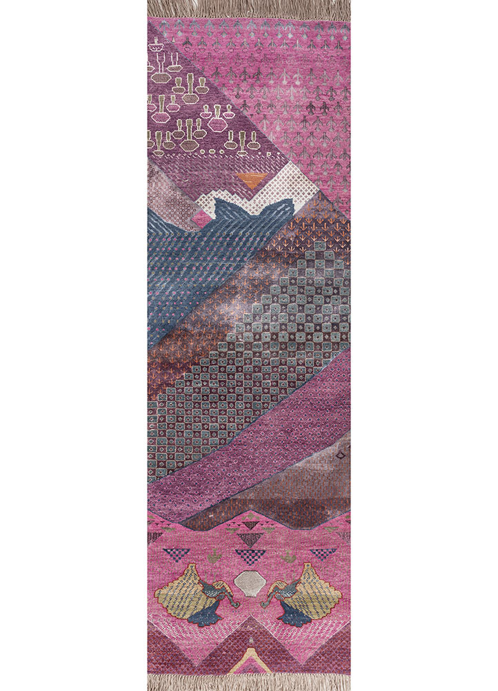 manchaha pink and purple wool and bamboo silk hand knotted Rug - HeadShot manchaha pink and purple wool and bamboo silk hand knotted Rug - HeadShot
