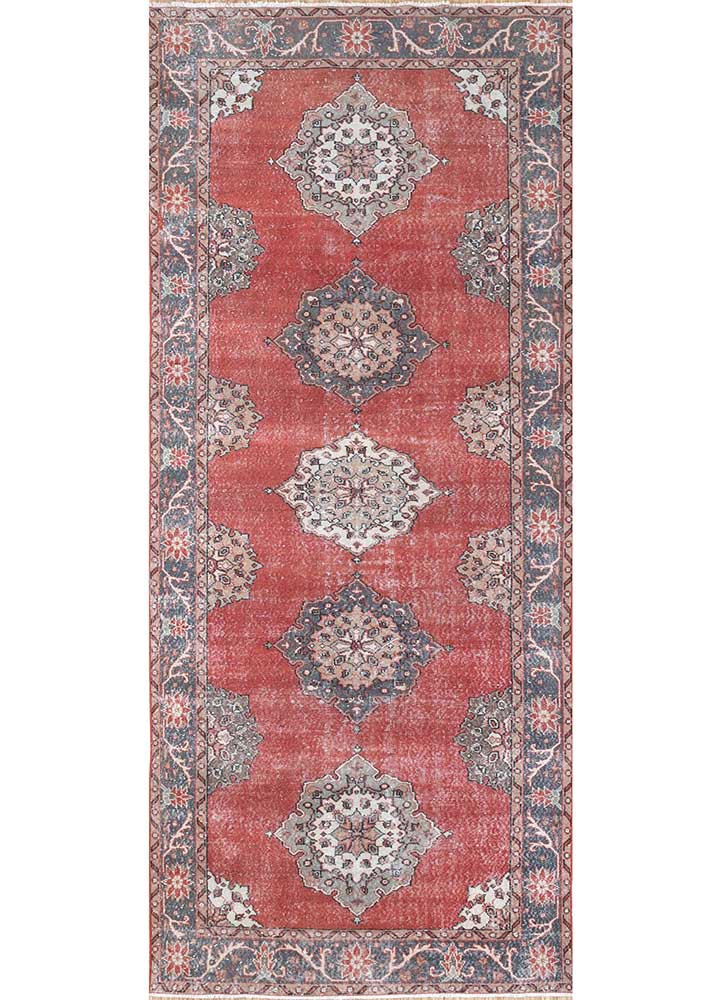 vintage red and orange wool hand knotted Rug - HeadShot