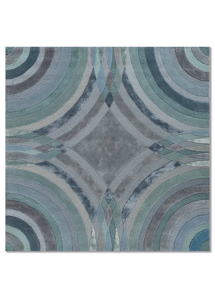 linear blue wool and viscose hand tufted Rug - HeadShot