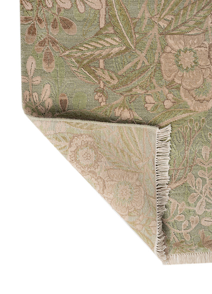 pansy green wool and bamboo silk hand knotted Rug - Backing Shot