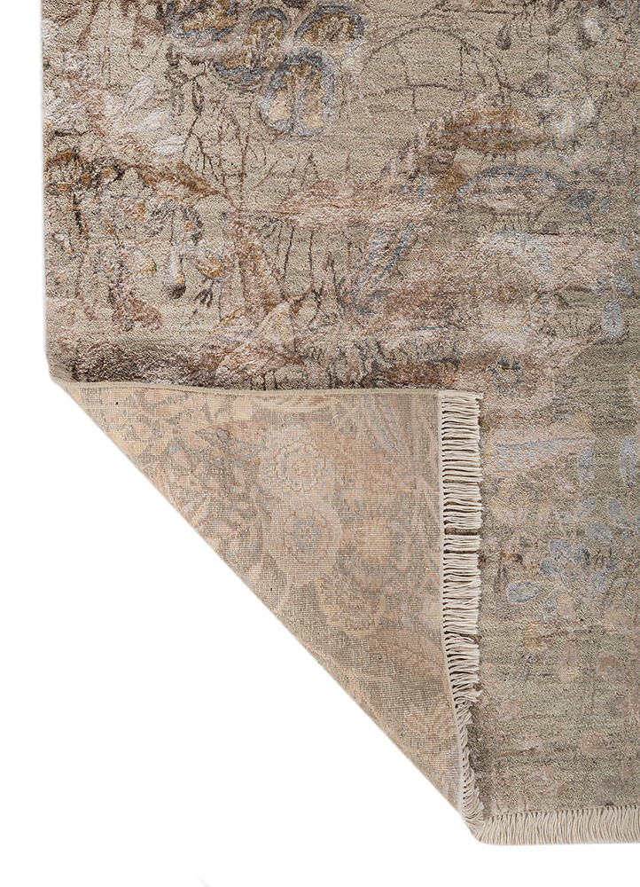 pansy green wool and bamboo silk hand knotted Rug - Backing Shot