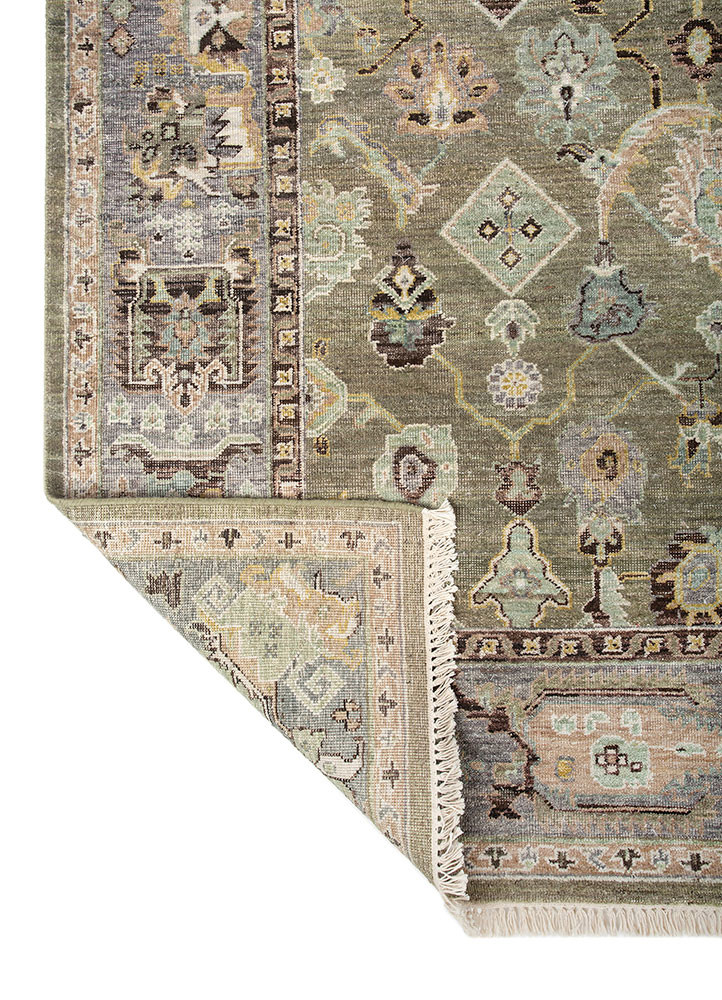 someplace in time green wool hand knotted Rug - Backing Shot