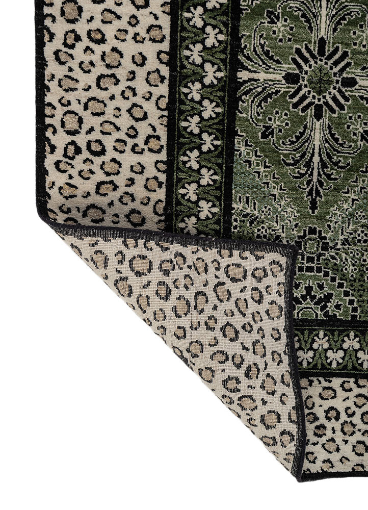 gilded age green afghan wool hand knotted Rug - Backing Shot