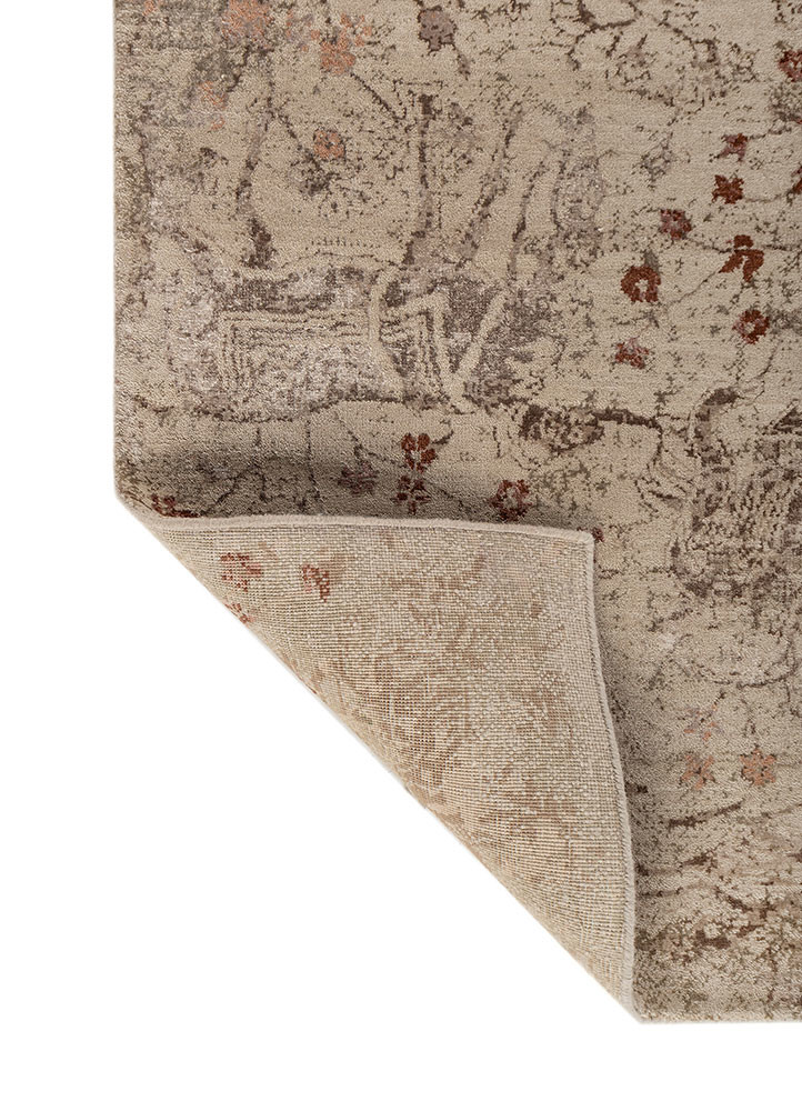 far east beige and brown wool and bamboo silk hand knotted Rug - Backing Shot