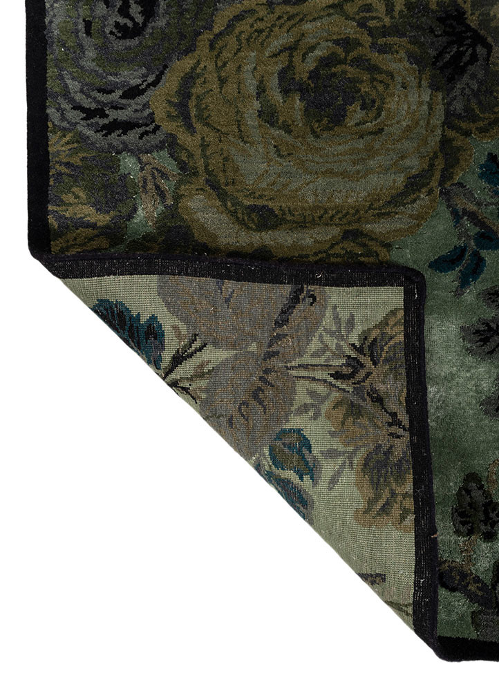 gilded age green wool and bamboo silk hand knotted Rug - Backing Shot