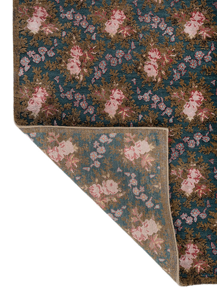 gilded age blue wool and bamboo silk hand knotted Rug - Backing Shot