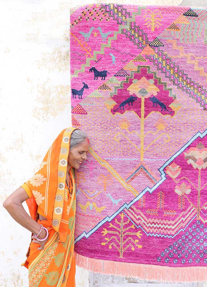 manchaha pink and purple wool and bamboo silk hand knotted Rug - Backing Shot manchaha pink and purple wool and bamboo silk hand knotted Rug - Backing Shot