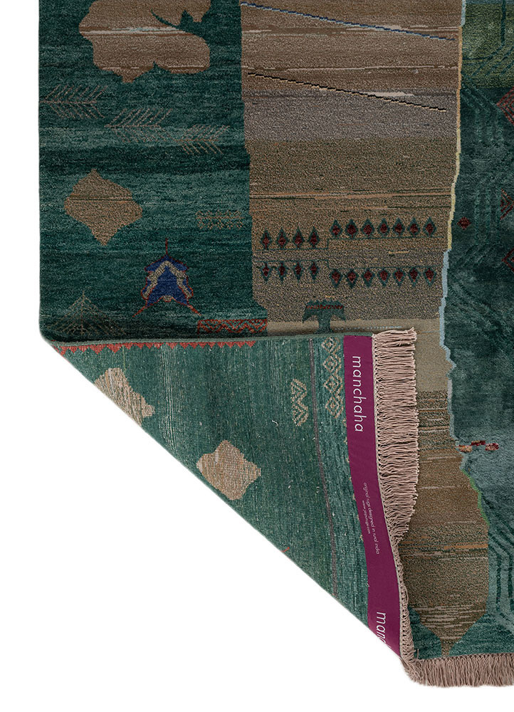manchaha green wool and bamboo silk hand knotted Rug - Backing Shot