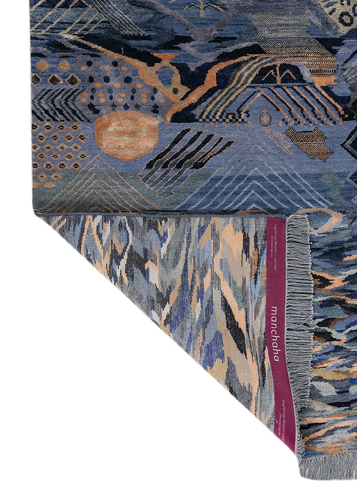 manchaha blue wool and bamboo silk hand knotted Rug - Backing Shot