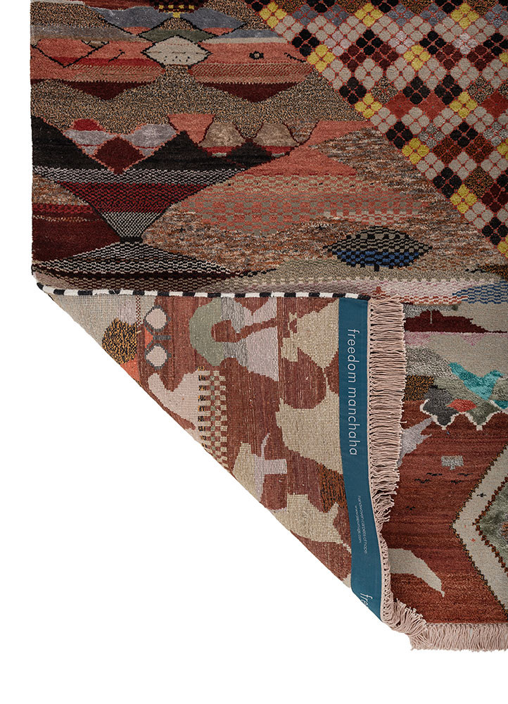 freedom manchaha red and orange wool and bamboo silk hand knotted Rug - Backing Shot