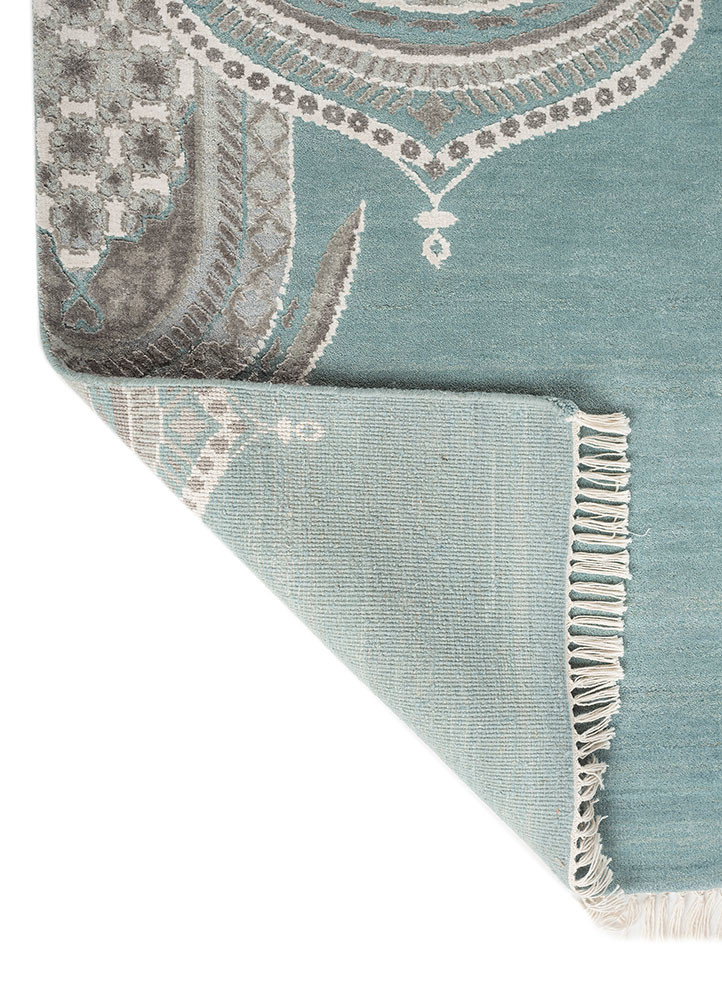 khidki blue wool and bamboo silk hand knotted Rug - Backing Shot