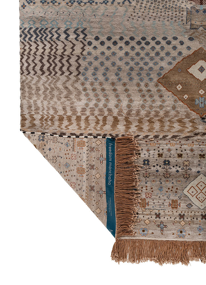 freedom manchaha beige and brown wool and silk hand knotted Rug - Backing Shot