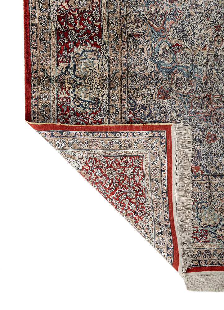 gulmarg red and orange silk hand knotted Rug - Backing Shot