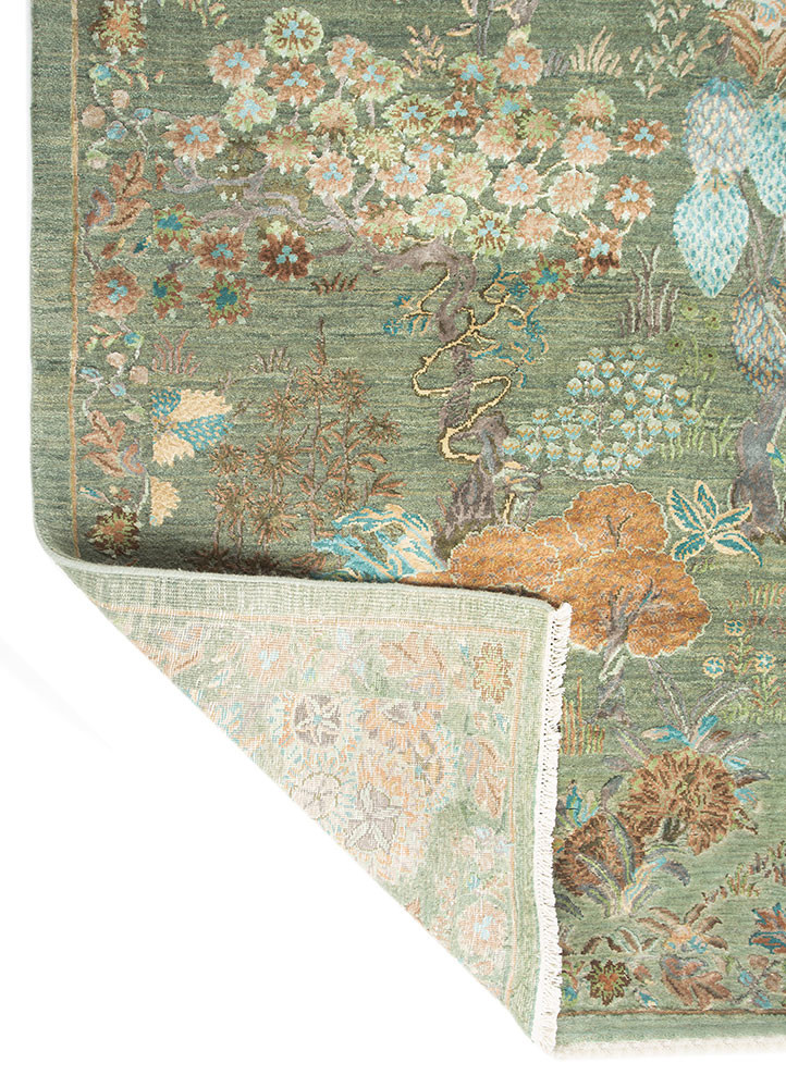 far east green wool and silk hand knotted Rug - Backing Shot far east green wool and silk hand knotted Rug - Backing Shot