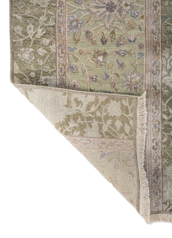 aurora green wool and silk hand knotted Rug - Backing Shot